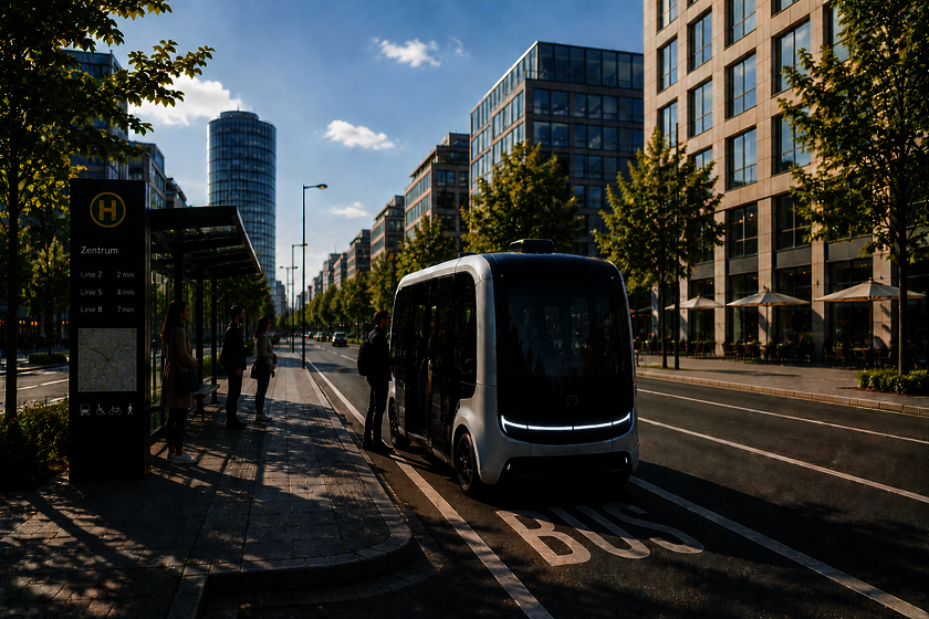 An autonomous bus stops at a bus stop where four people are standing. A man stands in front of the open door, ready to board, while the other three people remain at the stop. The scene takes place on a street in the city center lined with trees, surrounded by high-rise buildings, and under a blue sky.