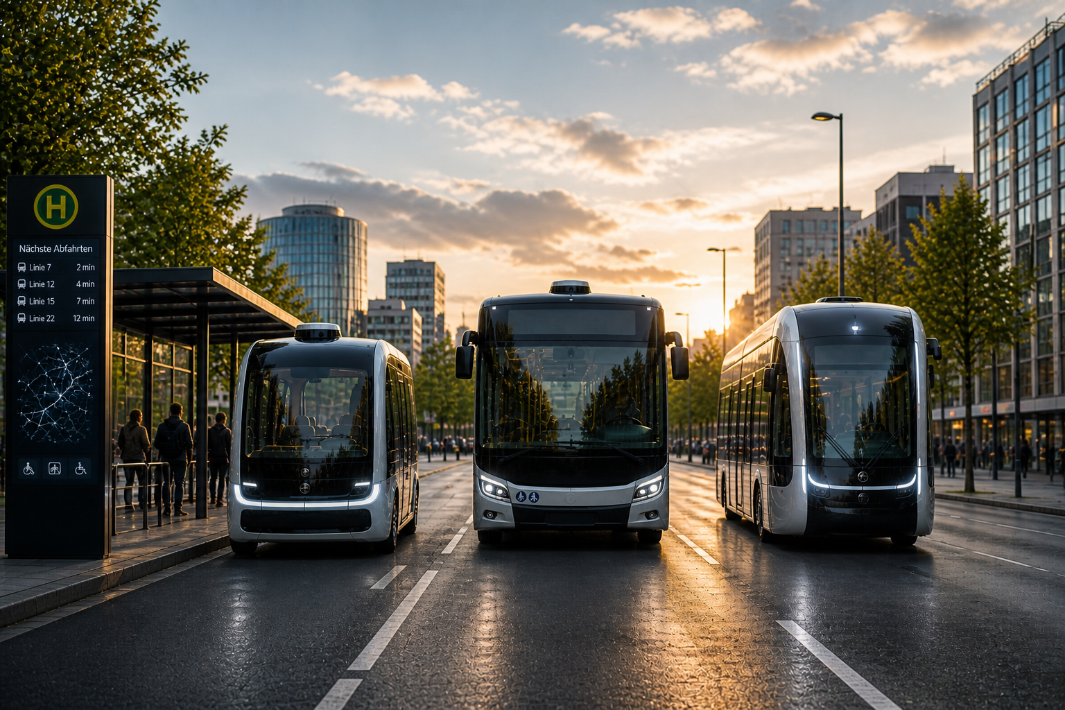An autonomous electric shuttle stops at a smart bus station in a modern business district with waiting passengers.