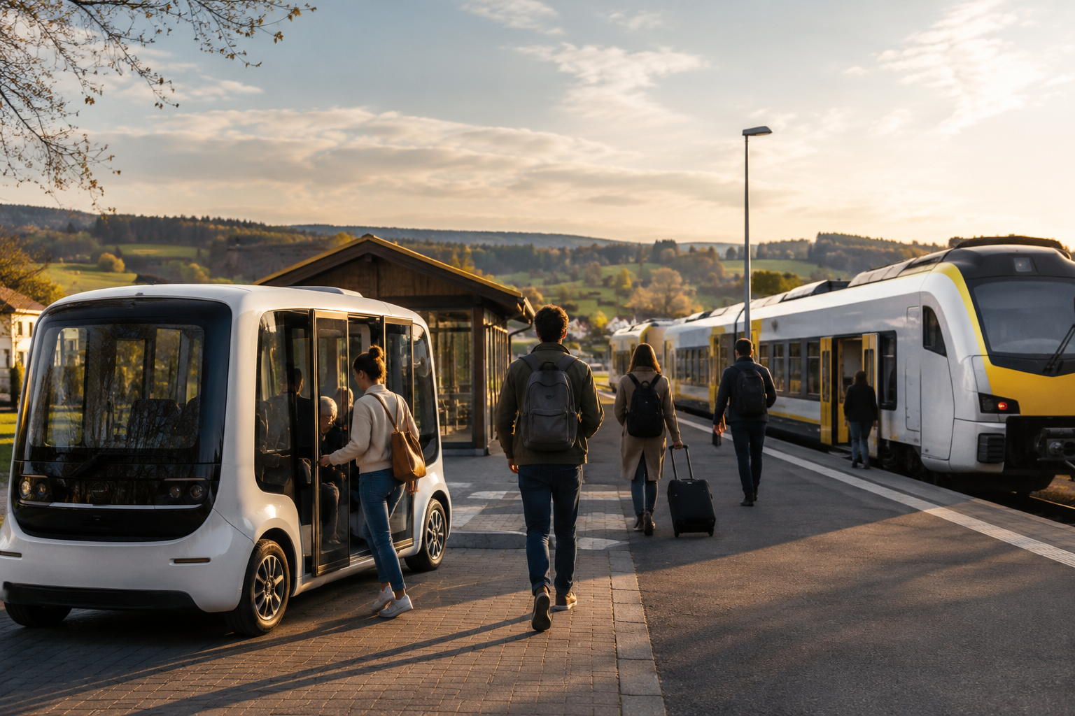 On the left side of the picture, you can see an autonomous mover (public transit bus) that a woman is about to board. In the center, three people are walking toward the stop, and on the right, a train is standing with its doors open.