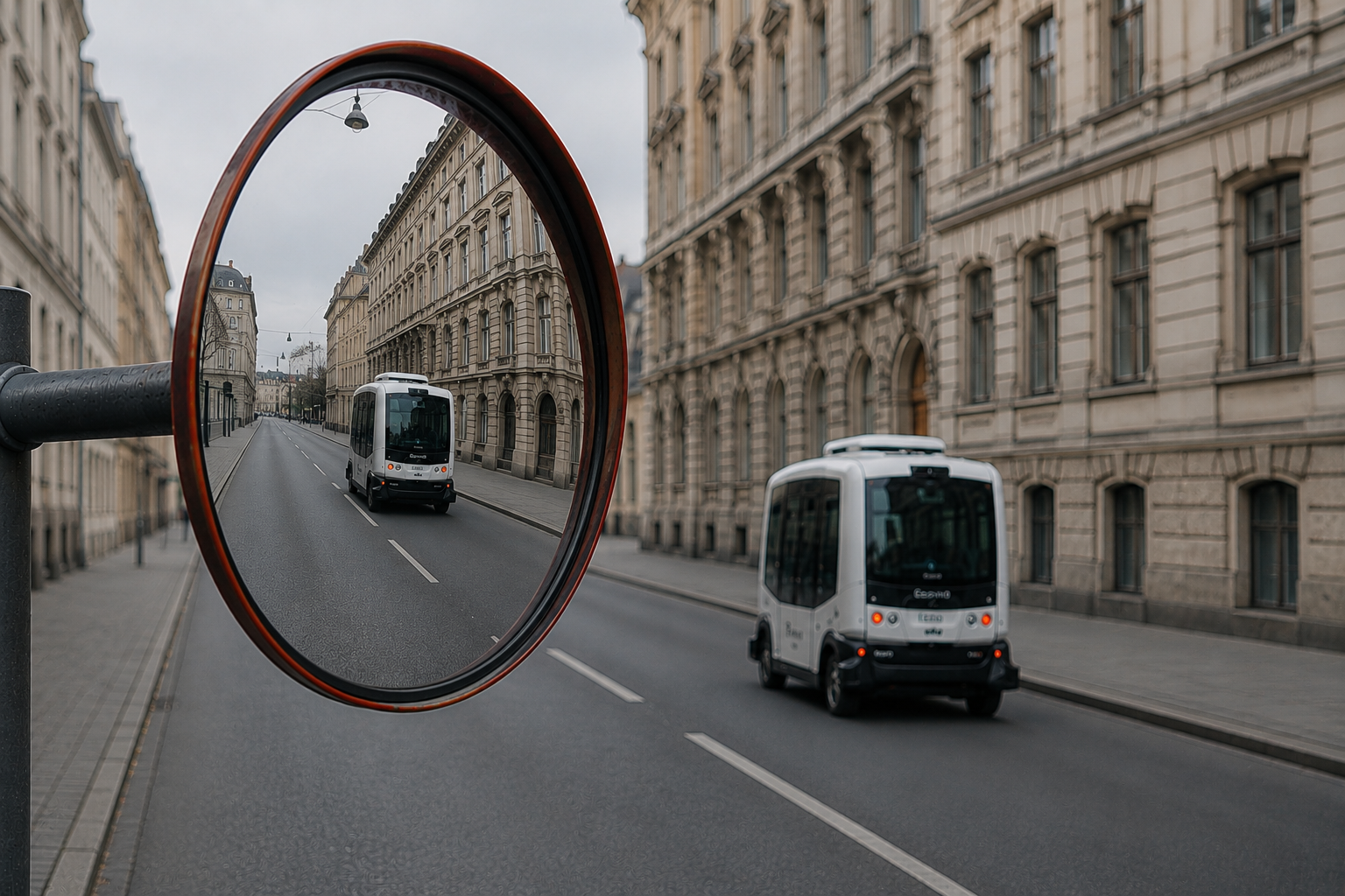 A city where tall brick buildings line both sides of a street. On the street, you can faintly make out an autonomous public transit vehicle. To the left is a traffic mirror in which you can already see the next autonomous public transit bus approaching.