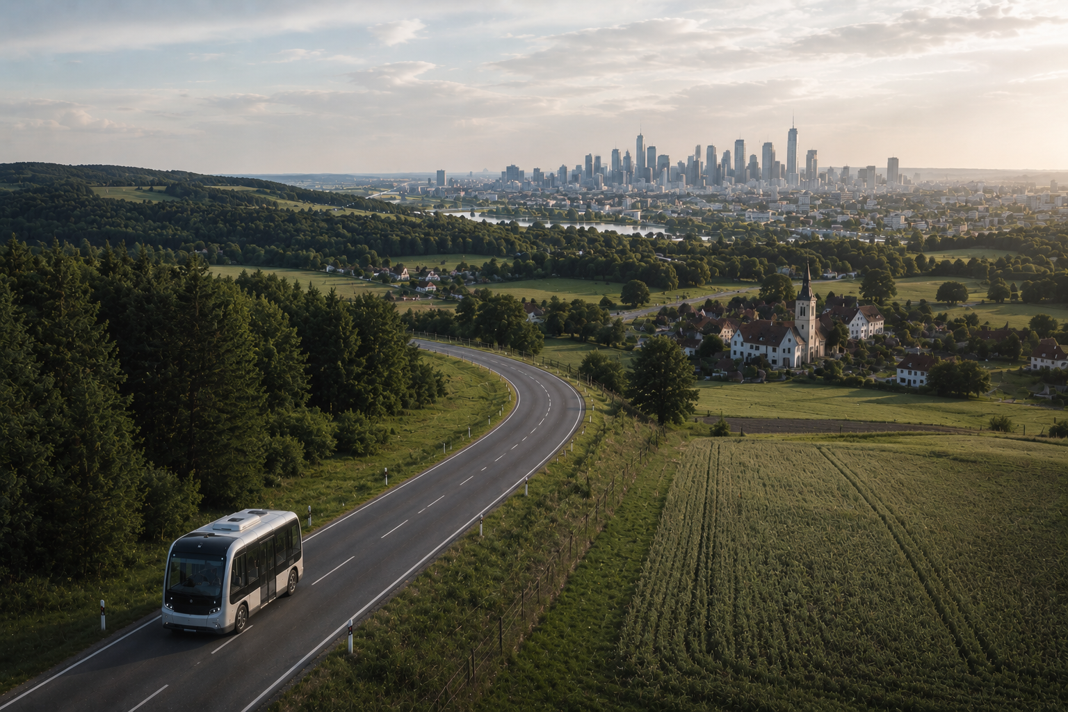 Autonomous shuttles and electric city buses at a smart transit stop in a connected urban environment at sunset.