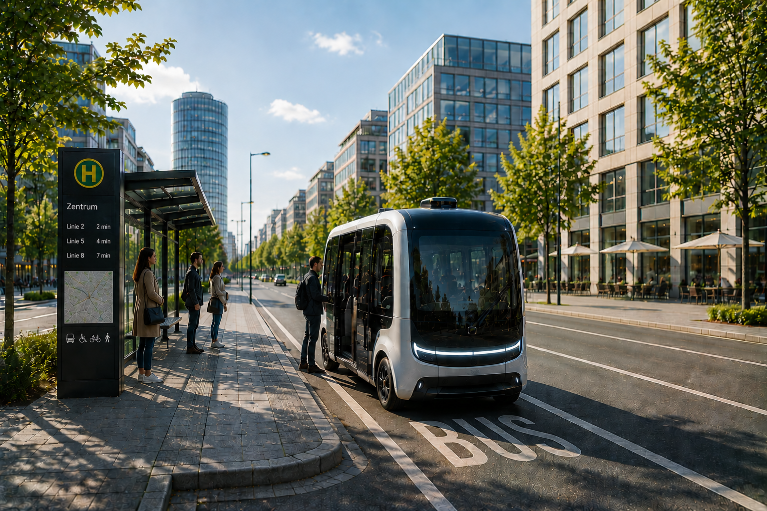 An autonomous shuttle connects rural regions with a modern metropolitan skyline, representing sustainable mobility between urban and regional areas.