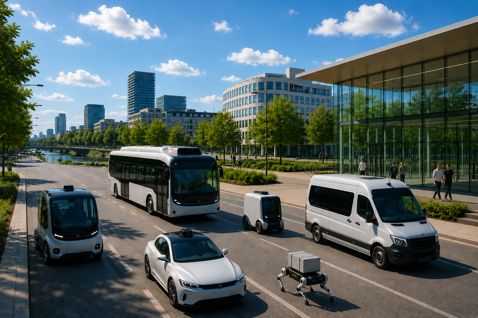 Autonomous vehicles and delivery robots operate within a modern, sustainable urban district featuring intelligent infrastructure and emission-free mobility.