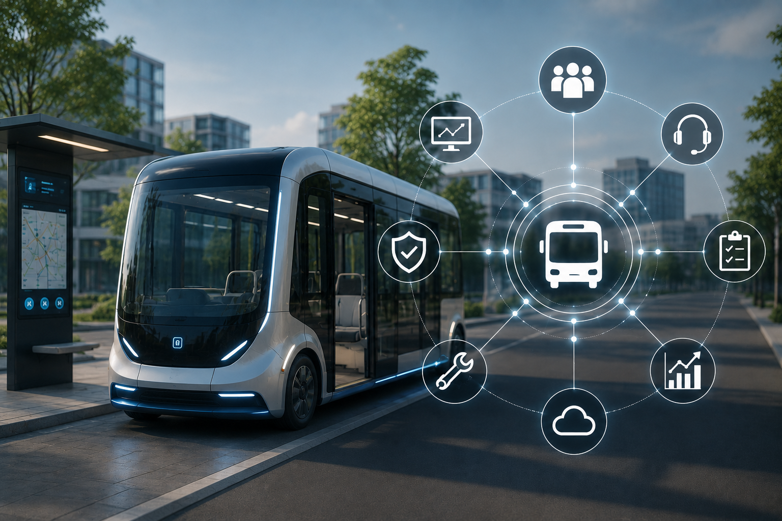 A futuristic public transit bus that no longer requires a driver is parked at a bus stop. On the right side of the image are several icons. In the center is a bus, and surrounding it are other icons such as Cloud, Team, Security...