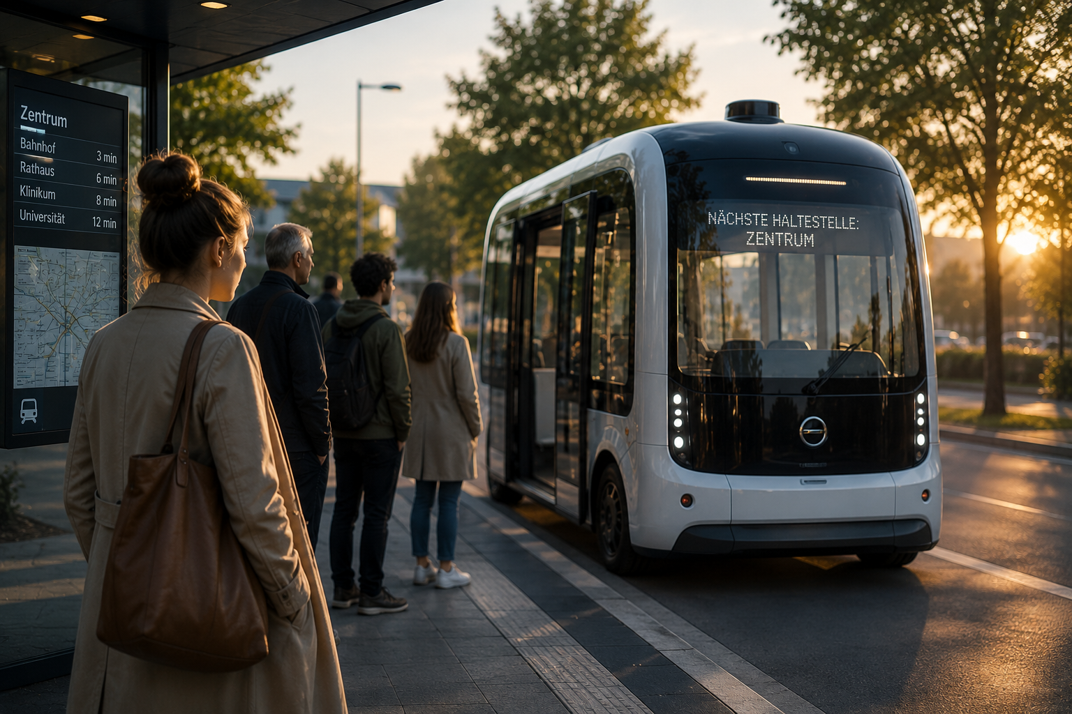 An autonomous bus is parked at a bus stop at sunrise. Several people are standing at the bus stop, waiting to board. 