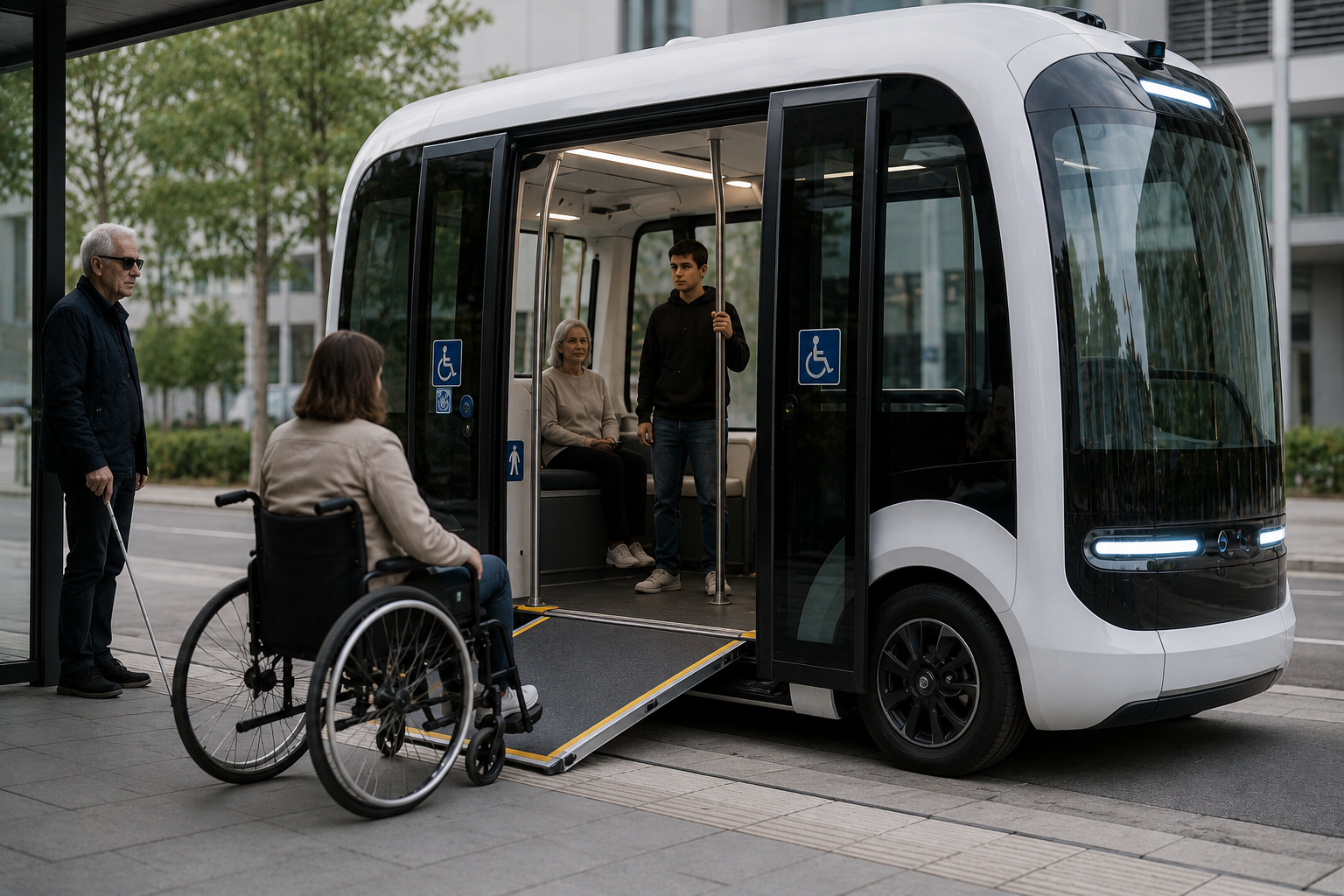 A slightly smaller version of an autonomous public transit bus is parked at a bus stop. An elderly woman is sitting inside the vehicle, and a young man is standing and holding onto a pole. The vehicle’s sliding door is open, and a ramp for wheelchair users has been extended. A woman in a wheelchair is standing in front of the ramp, and to her left stands an elderly man with a white cane.