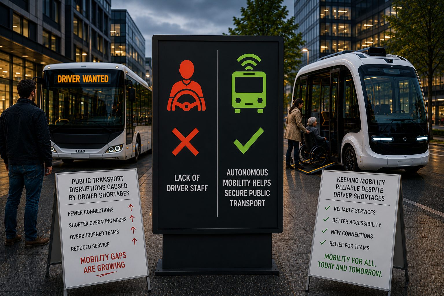 The image is divided in half by a sign in the center; there are no drivers, and autonomous mobility ensures public transportation. On the left is a regular bus with a sign that reads “DRIVER WANTED.” In front of the bus stands a man and a sign listing arguments such as “Service disruptions due to staff shortages—mobility gaps are growing.” On the right is an autonomous bus into which a person in a wheelchair is just being helped. The sign in front of it lists arguments such as “Reliable mobility despite a shortage of skilled workers—mobility for everyone. Today and tomorrow.”