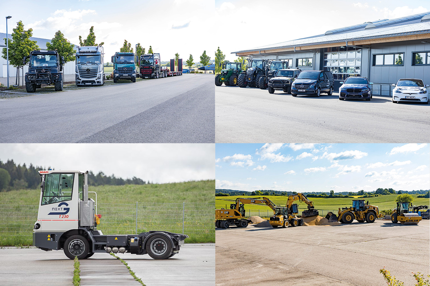 A collage of four images. Top left: A Unimog and three trucks displayed side by side. Bottom left: A white terminal truck. Top right: Four different passenger cars, with three different tractors to the left of them. Bottom right: Several construction vehicles working on a pile of gravel (excavator, wheel loader, etc.).